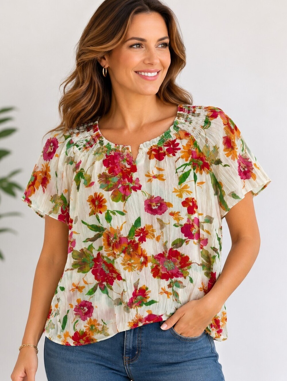 Kim Rogers XL Floral Print Short Sleeve Blouse Floral Tropical Cream Pink Green